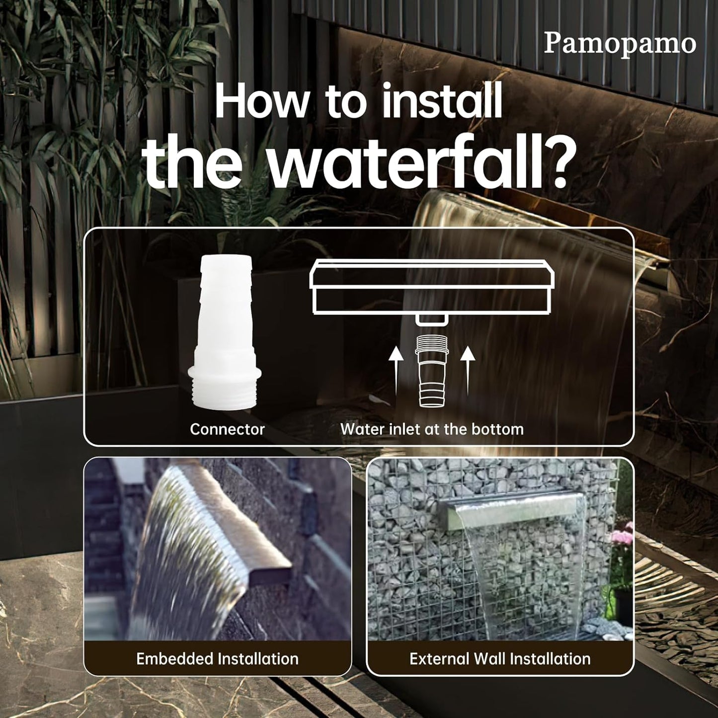 Pond Waterfall Spillway Pool Fountain Water Feature, Black Stainless Steel Outdoor Fountains, Swimming Pool Water Flow Waterfalls Kit for Garden Patio Ponds-11.8"x7.8"x3.9"(NO Light)