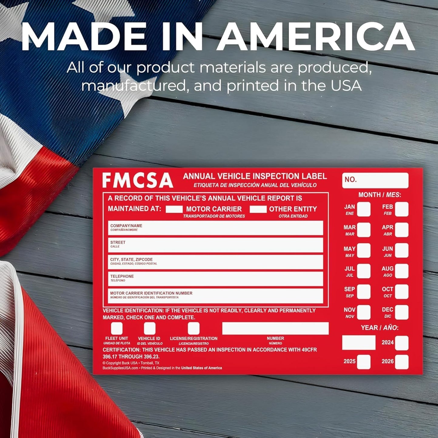 5 Pack Buck Aluminum Annual Vehicle Inspection Label with Punch Boxes, 2 Mil Red FMCSA Self Adhesive Sticker, DOT Compliant, Weatherproof, Tear Resistant, Easy to Write On, 6" x 3.5" - Made in USA