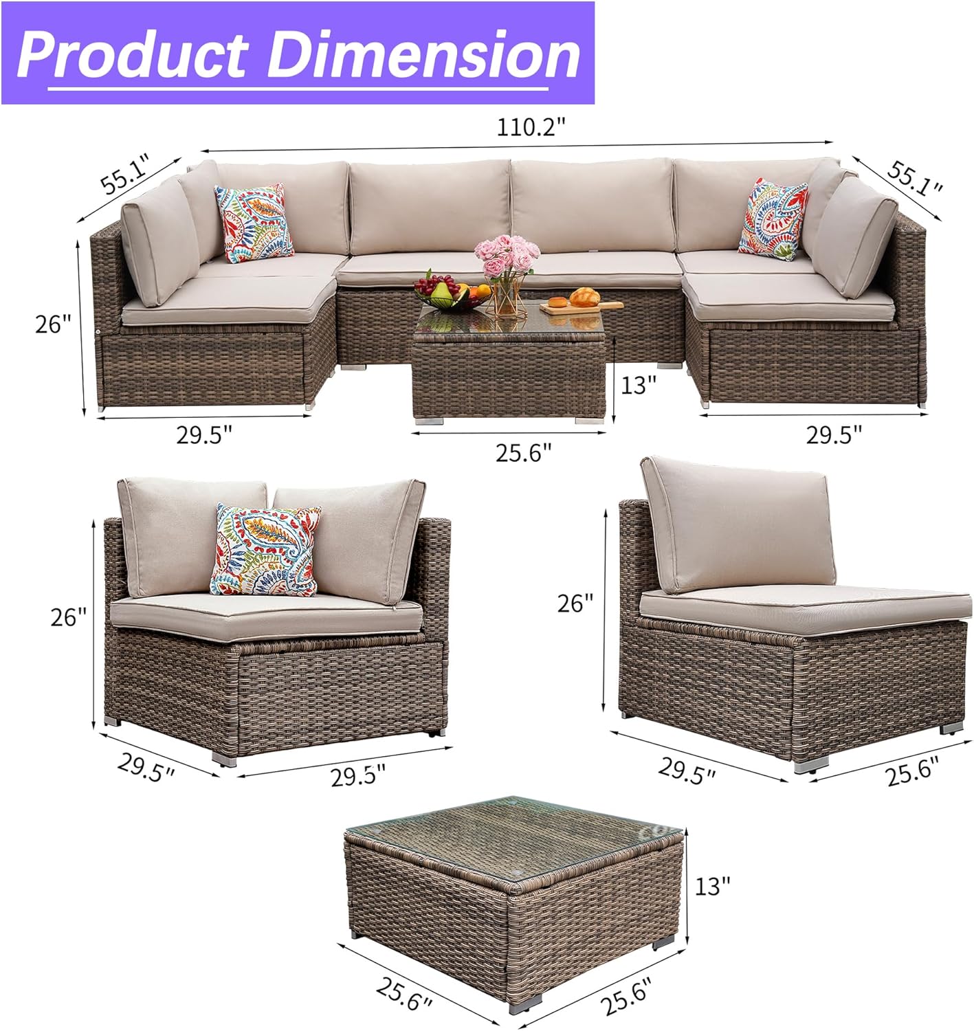 7 Piece Patio Furniture Set, Outdoor Couch Set—All-Weather Outdoor Furniture Sectional w Water Resistant Thick Cushions, Patio Sofa Set w 2 Extra Pillows and Coffee Table, Beige/Brown