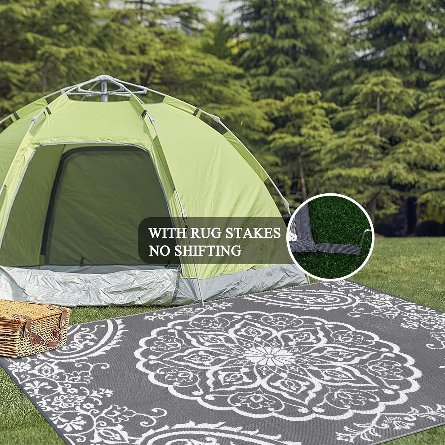 Pauwer Waterproof Outdoor Rug 8x10, Reversible Plastic Straw Patio Camping Rug, Indoor Outdoor RV Mat Carpet for Deck, Camper, Porch, Balcony, Backyard, Picnic, Boho Grey