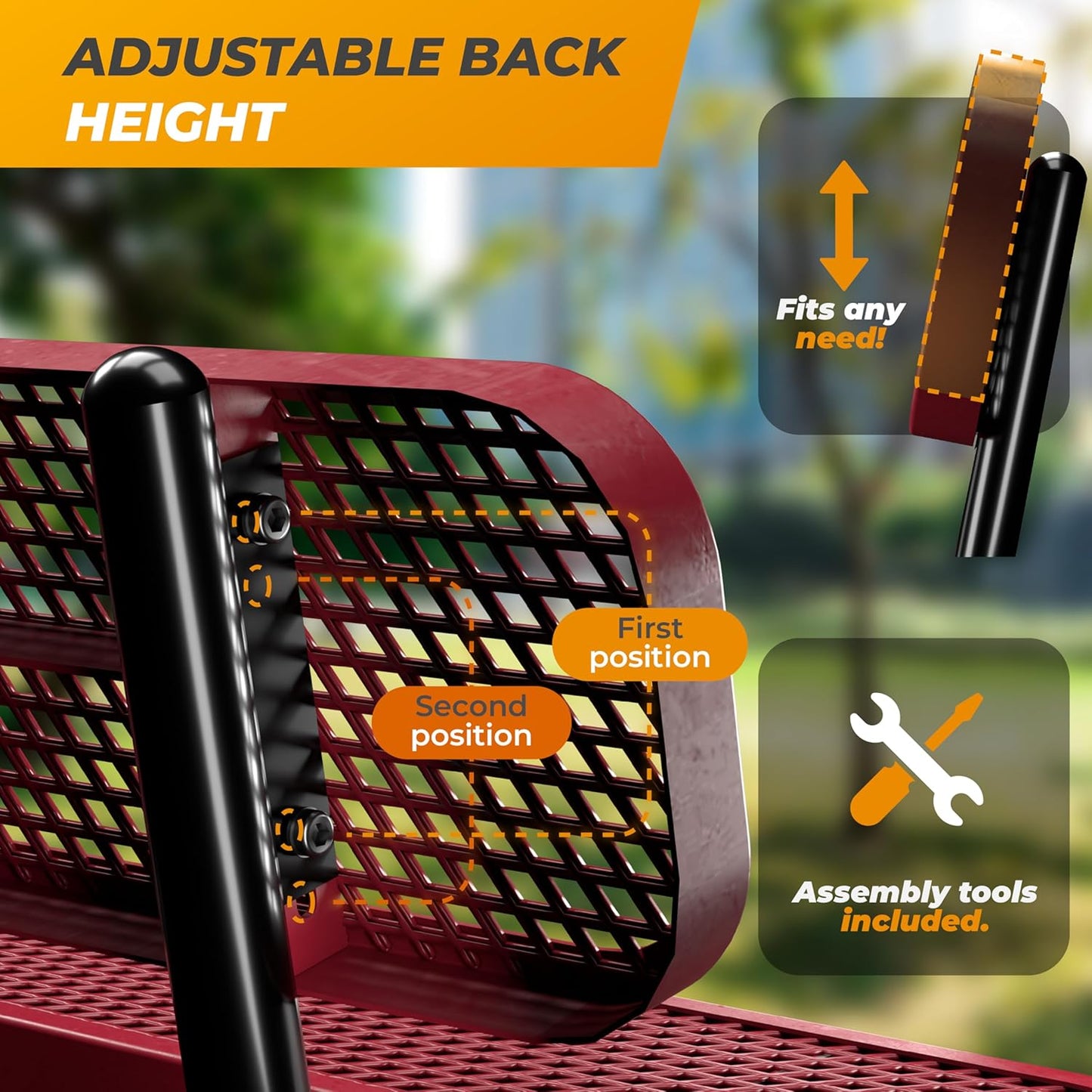 Heavy-Duty Outdoor Metal Bench, Thermoplastic-Coated, Surface, Weatherproof, Commercial-Grade for Parks, Gardens, Patios, Stores & More (6 Ft - Surface with Back, Red)