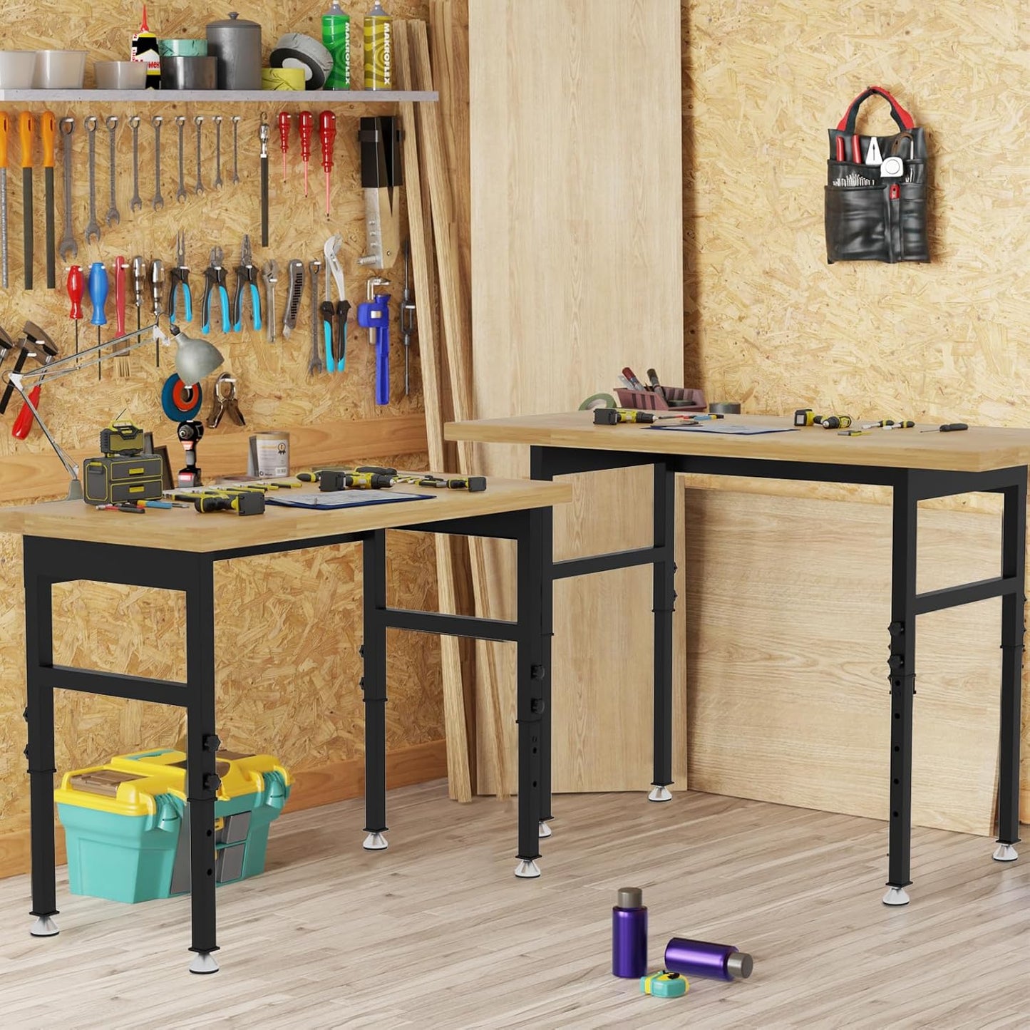 48” Chipboard Wood Work Bench Work Table, Mental Tool Heavy-Duty Adjustable Workbench, 3000 Lbs Capacity Tool Bench Workstation for Garage, Workshop