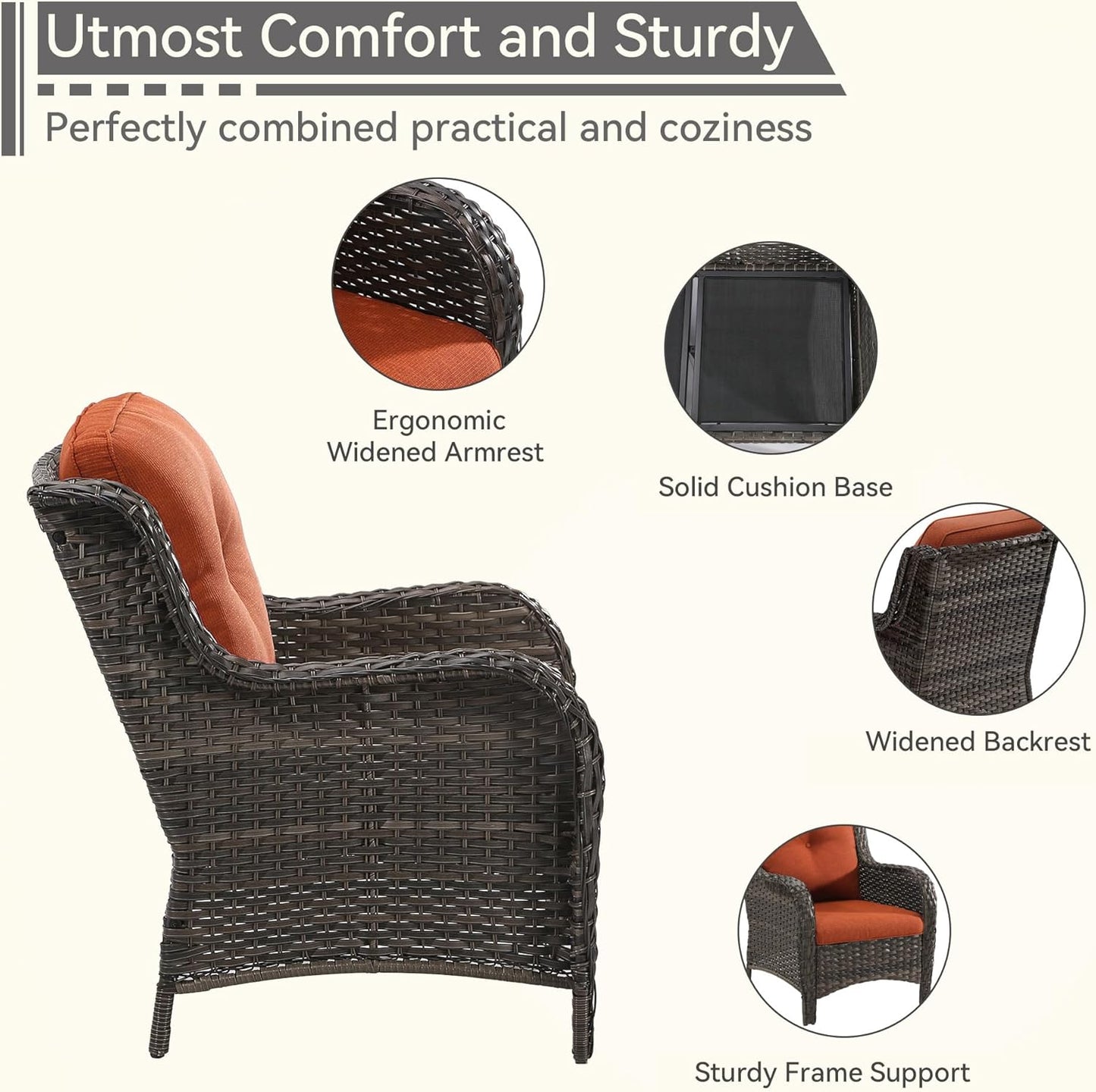 3 Pieces Outdoor Patio Chairs Set - Wicker Patio Conversation Sets with 1 Side Table, Olefin Fabric Cushions Suitable for Backyard Deck and Porch,Orange