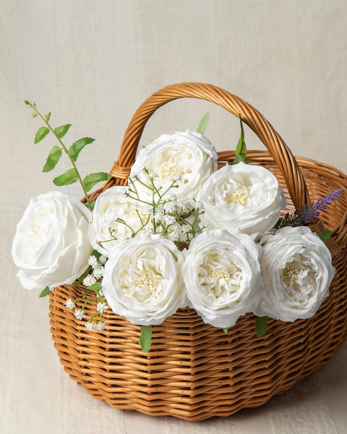 DuHouse 5Pcs Silk Roses Fake White Roses with Stems Real Touch Rose Artificial Flowers for Arrangement Wedding Party Home Decoration