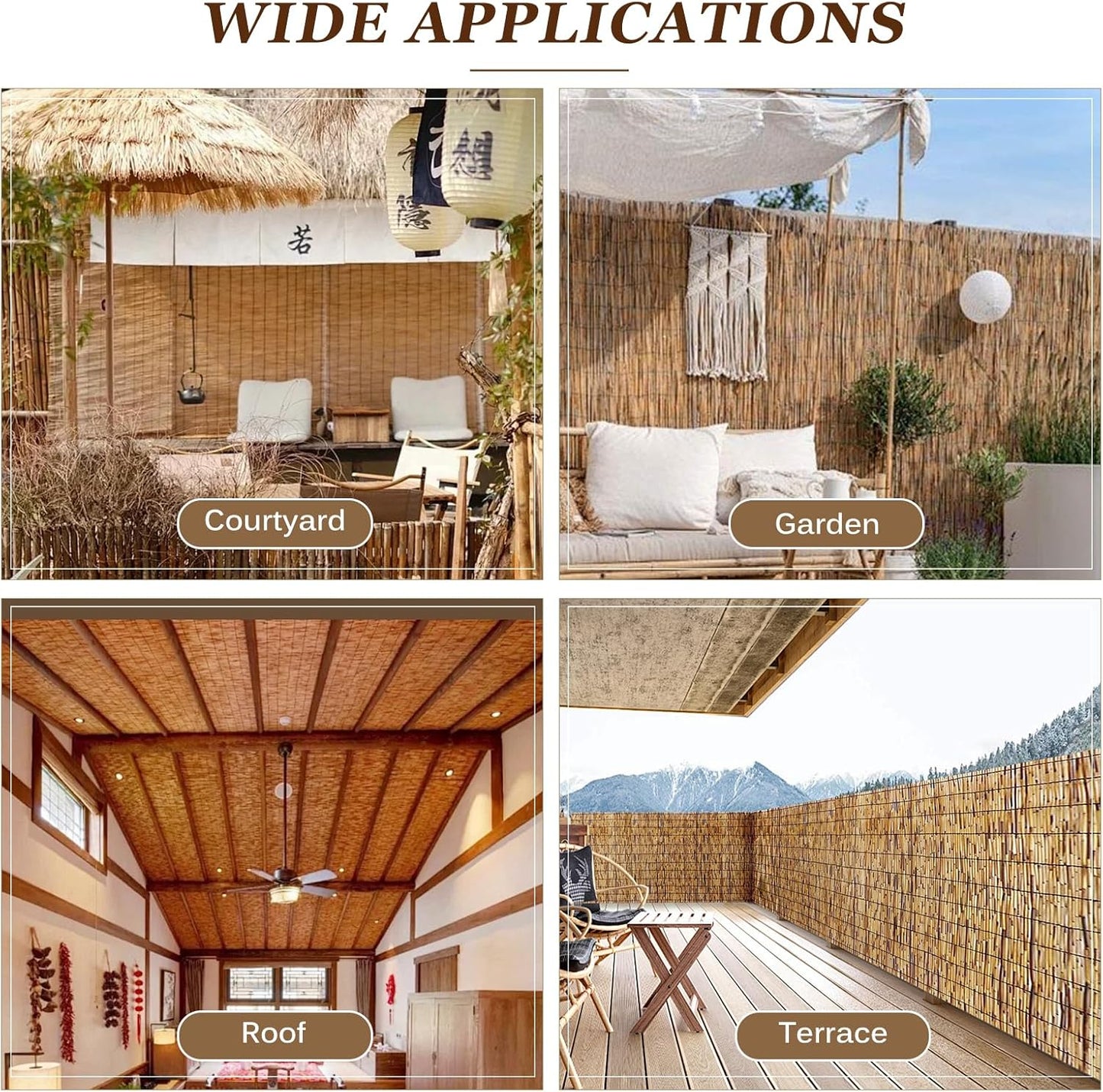 Natural Reed Fencing Rolls: Privacy Bamboo Fence 3/4/5/6ft High Roll Reed Screen, Decorative Bamboo Fencing for Outdoor Balcony Patio Garden Backyard,with Cable Zip Ties(Coffee, 4x10ft)