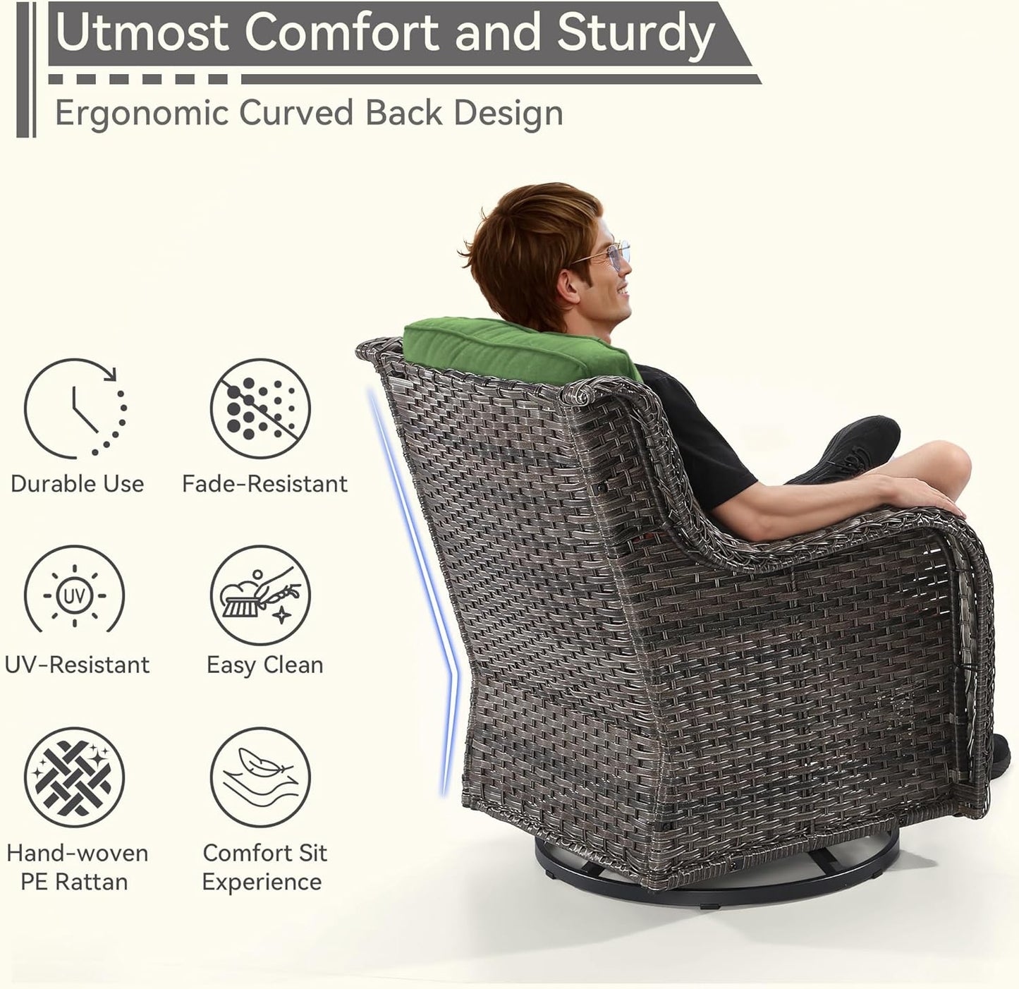 6 Pieces Outdoor Furniture Set - Patio Wicker Swivel Rocker Chair Set of 4 and 2 Side Table, Green, Mixed Brown Rattan, Suitable for Porch, Yard