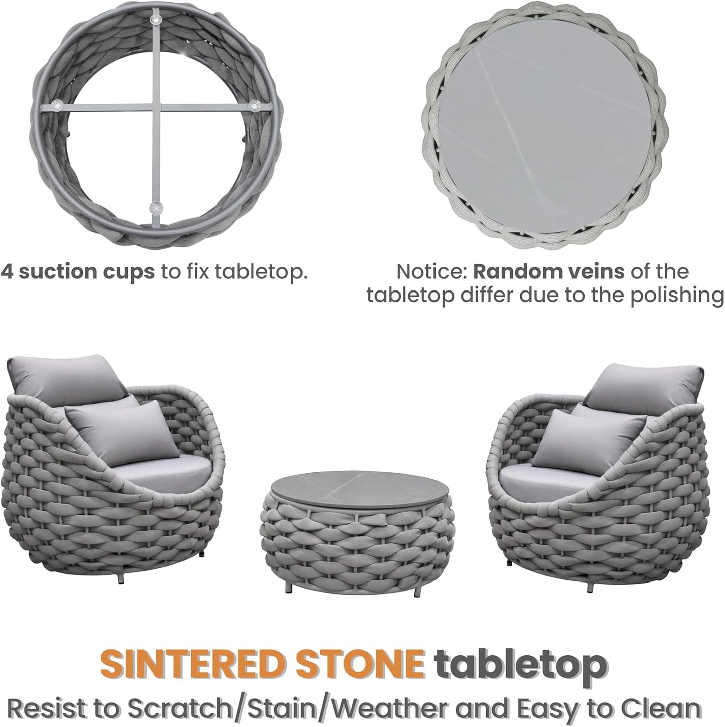 Front Porch Furniture Set: 3 Pieces Aluminum Patio Conversation Sofa Set for 2 - All Weather Woven Rope Outdoor Armchair Set w/Cushions No Assembly for Bistro Pool Yard Balcony Deck Hotel, Gray