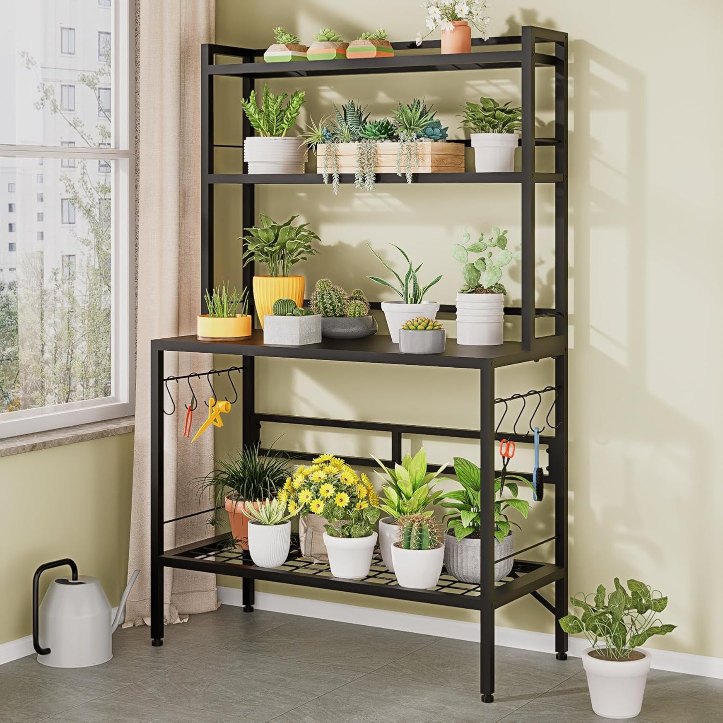 63” Metal Potting Bench&Table with Metal Tabletop, 4-Tier Plant Shelves, 8 Side Hooks, Outdoor/Indoor Gardening Workstation and Plant Stand, Black