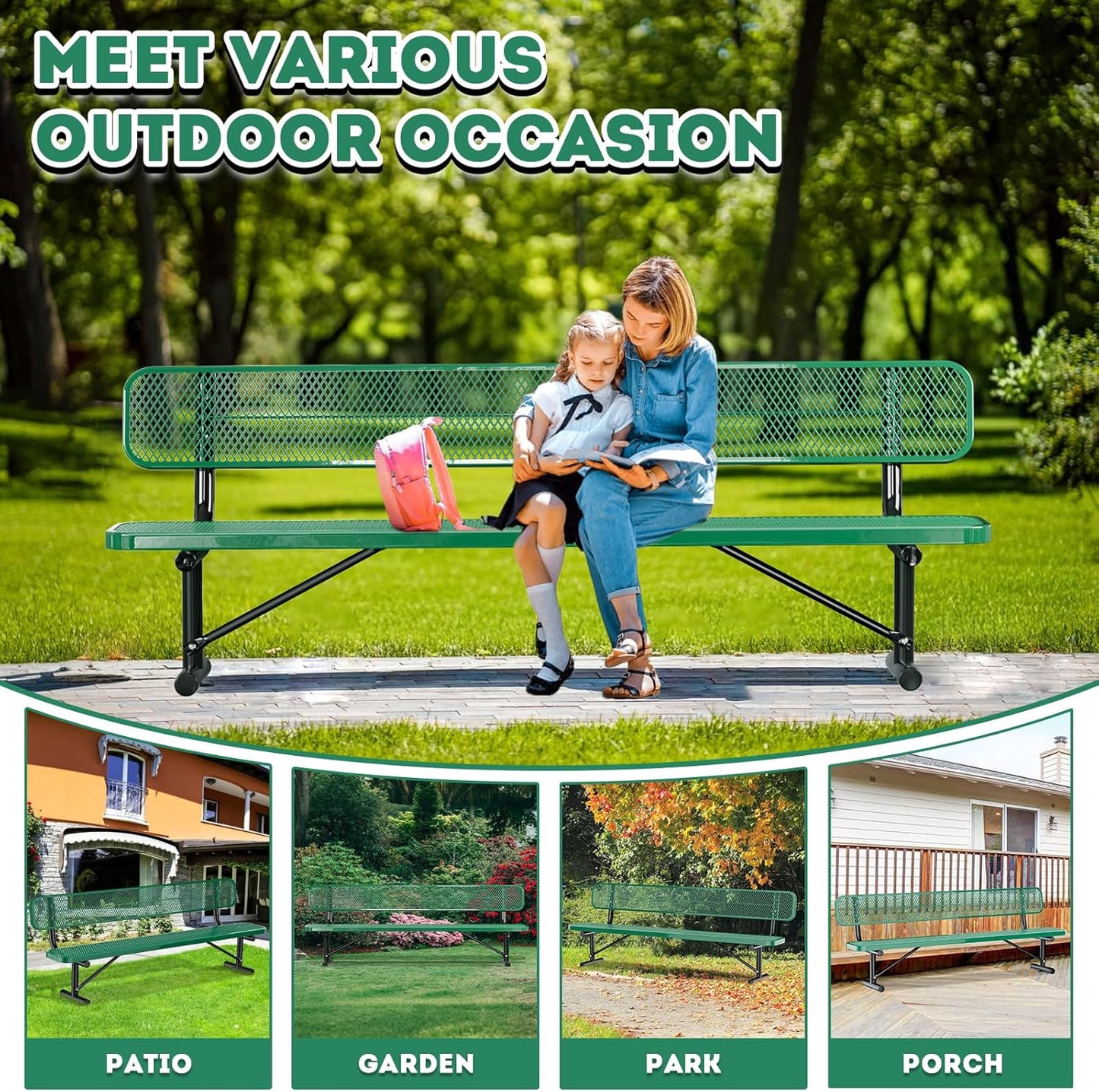 Heavy Duty Park Bench for Outside, Metal Park Bench with Back Portable Frame, Outdoor Steel Mesh Garden Bench with Backrest for Garden, Lawn, Patio, Porch, Park, Yard (Green, 8FT/95INCH)