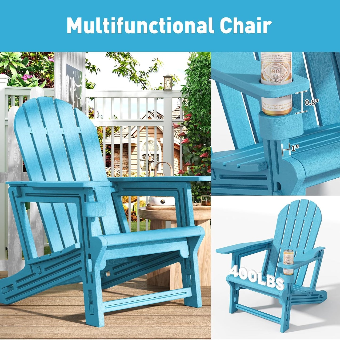 Adirondack Chairs Set of 4, Tool-Free Assembly All-Weather Plastic Adirondack Chairs, HDPE Fire Pit Chairs with Cup Holder, Outdoor Chair for Patio Garden(Lake Blue)