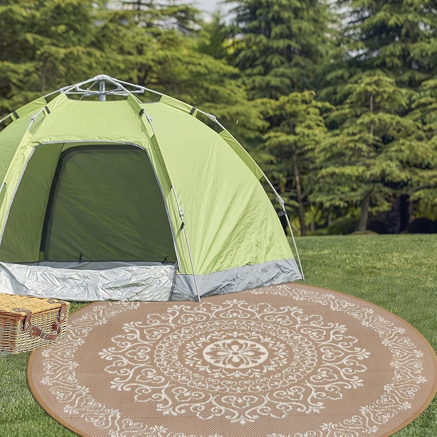 Pauwer Waterproof Outdoor Rug 8ft, Reversible Plastic Straw Patio Camping Rug, Indoor Outdoor RV Mat Carpet for Deck, Camper, Porch, Balcony, Backyard, Picnic, Floral Brown