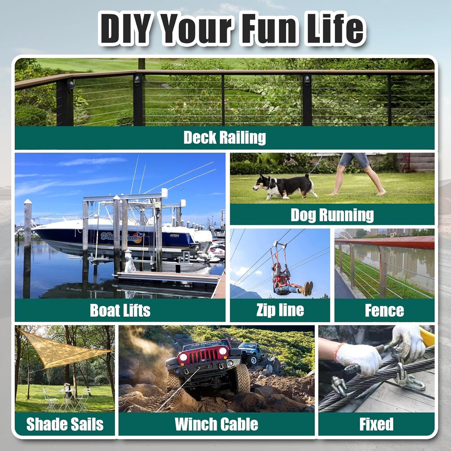 1/4" Stainless Steel Cable 50FT Wire Rope with Clamps and Thimble, 7X19 Strands Aircraft Cable for Zipline, Outdoor, Deck Railing, Heavy Duty Applications, Hanging, 6400lbs Breaking Strength