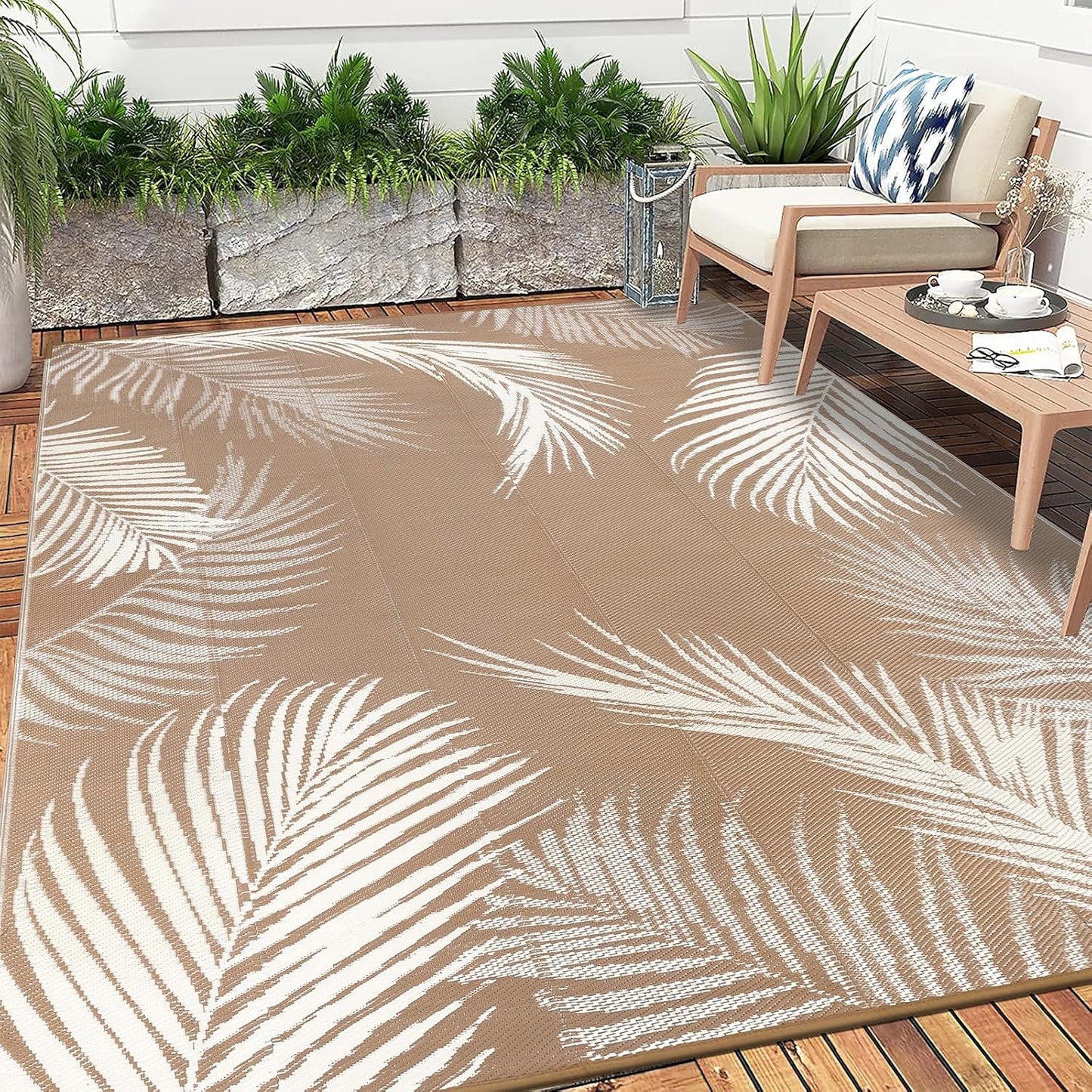 Pauwer Waterproof Outdoor Rug 10x14, Reversible Plastic Straw Patio Camping Rug, Indoor Outdoor RV Mat Carpet for Deck, Camper, Porch, Balcony, Backyard, Picnic, Leaf Brown