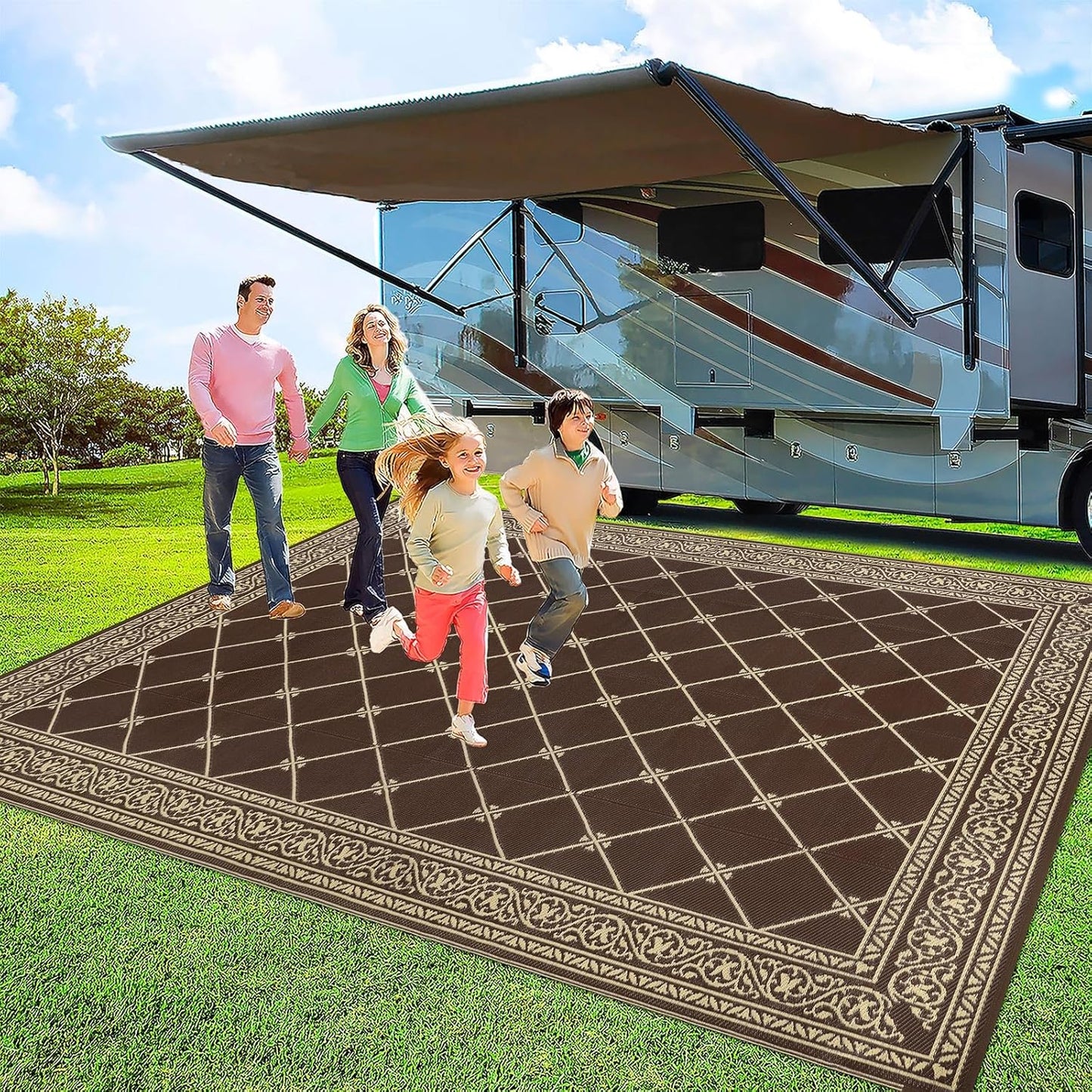 HiiARug Outdoor Rugs 9x12 for Patios Clearance Brown Camping Rug for RV Outside, Reversible Waterproof Plastic Straw Rug Large Outdoor Rug for Porch Beach Picnic Camper