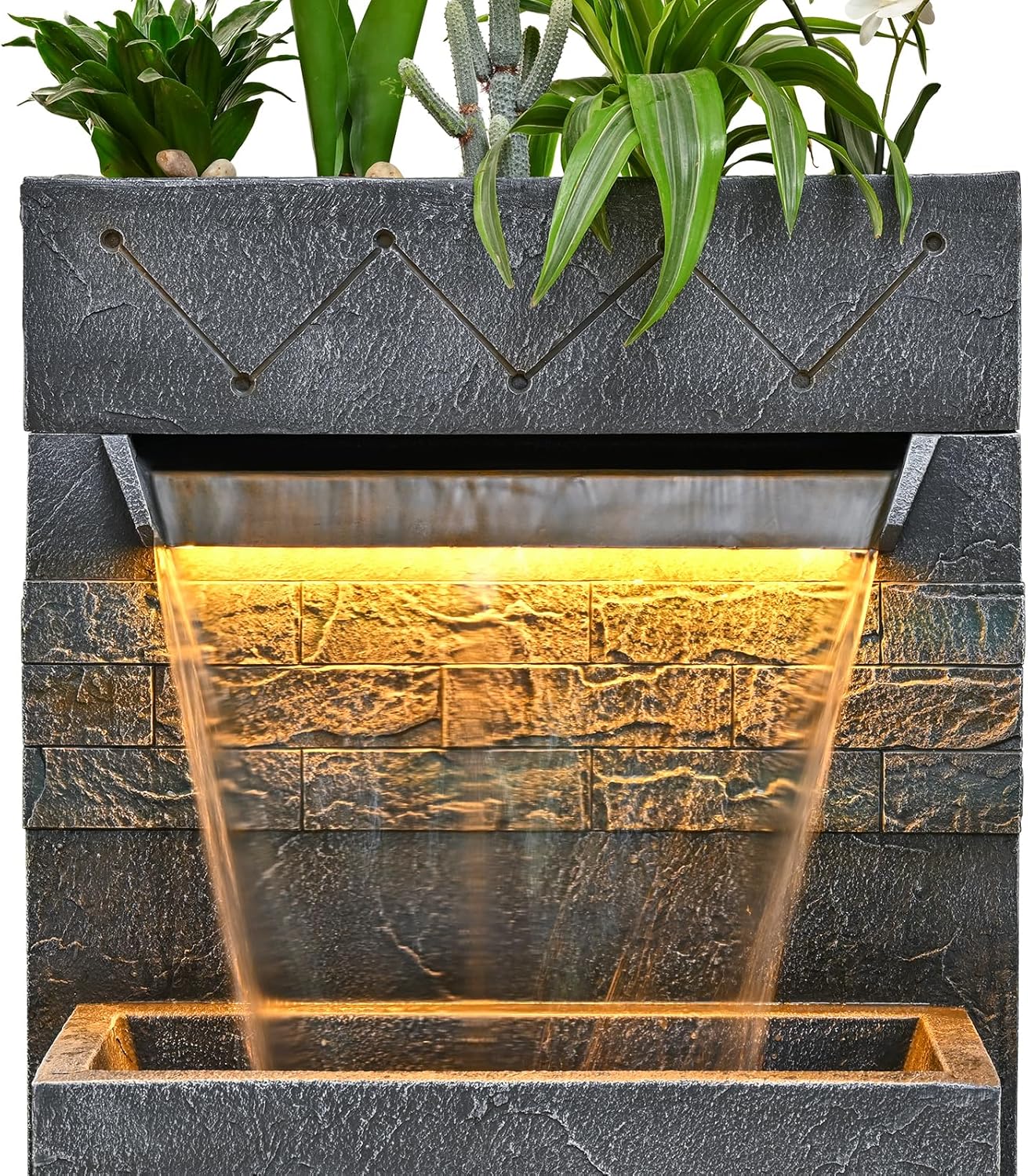 34.65'' Outdoor Garden Cascading Stone Floor-Standing Waterfall Fountain with LED Lights for Patio, Backyard, Deck, Porch and Home Art Decor