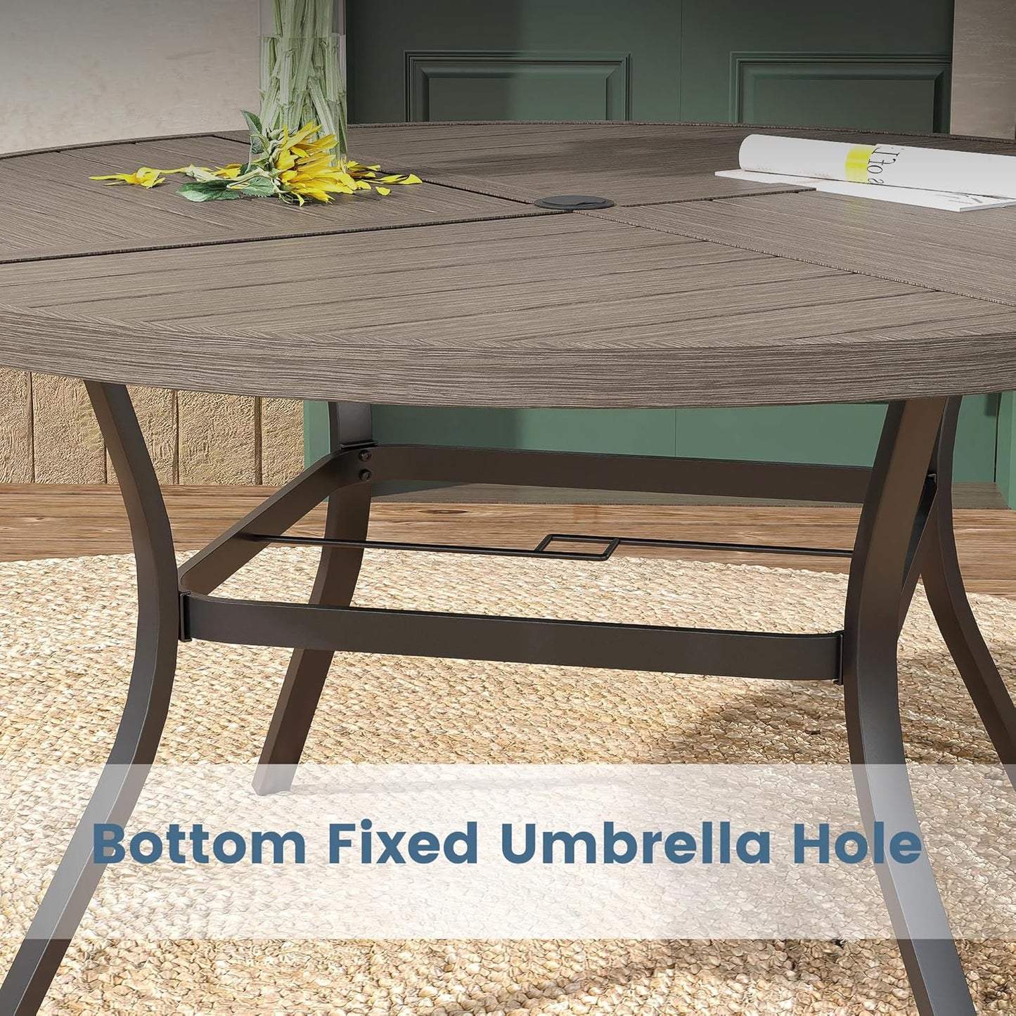 DIFY 53.1" Round Outdoor Patio Dining Table for 6-8, All-Weather Metal Steel Slatted Patio Table with 1.57" Adjustable Umbrella Hole, for Lawn Garden Porch Backyard, Grey Wood-Like