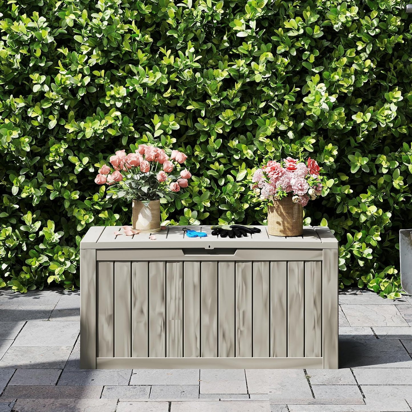 80 Gallon Coffee Resin Deck Box - Rustic Outdoor Storage for Garden Tools, Patio Essentials & Package Delivery - Weatherproof, Lockable for Farmhouse Decks