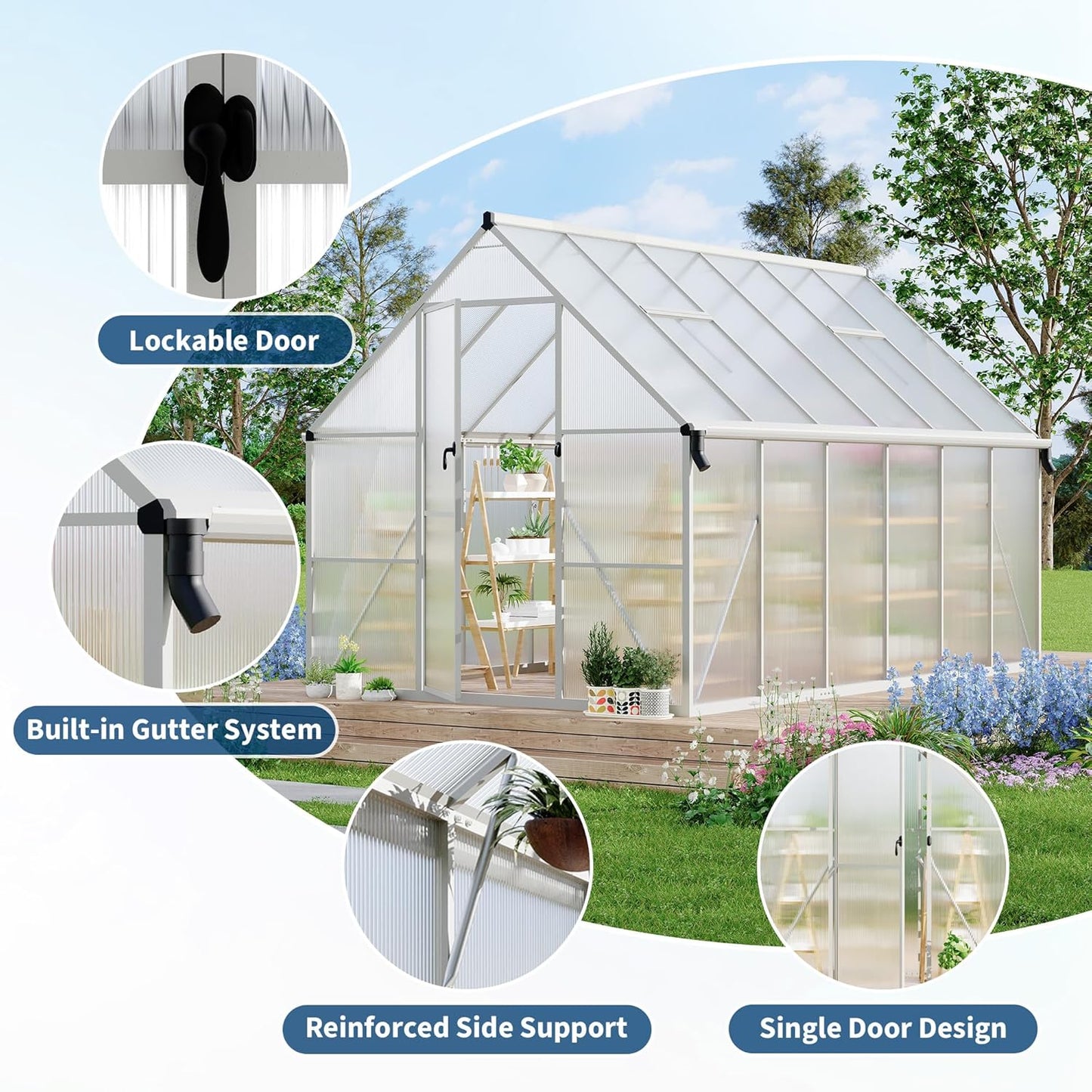 8'X12' Aluminum-Framed Polycarbonate Greenhouse, Heavy Duty Polycarbonate Greenhouse with Quick Setup Structure and Roof Vent, Large Enhanced Aluminum Greenhouses Kit for Outdoors
