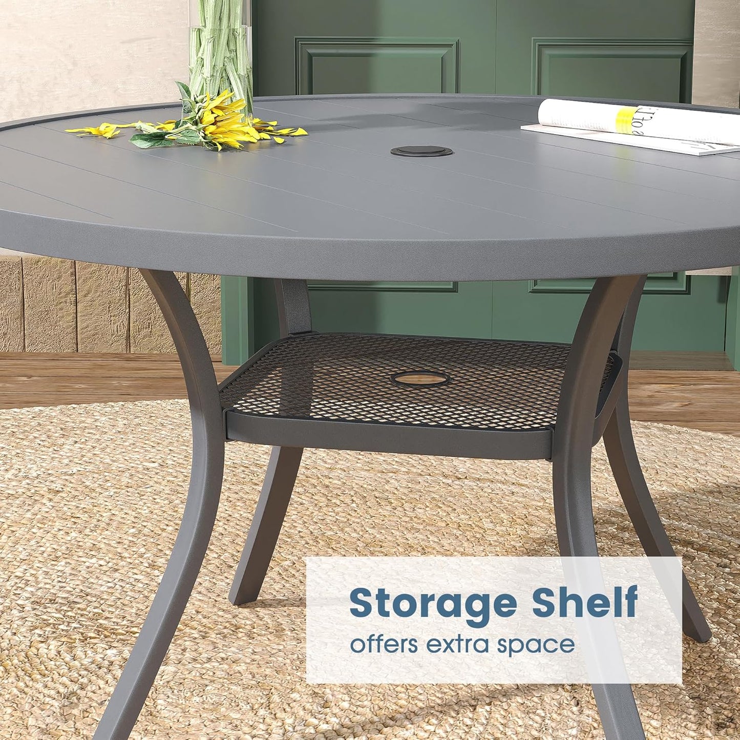 DIFY 48" Round Patio Dining Table for 6, All Weather Round Outdoor Metal Dining Table with 1.57" Umbrella Hole, Perfect for Backyard Lawn Garden, Grey