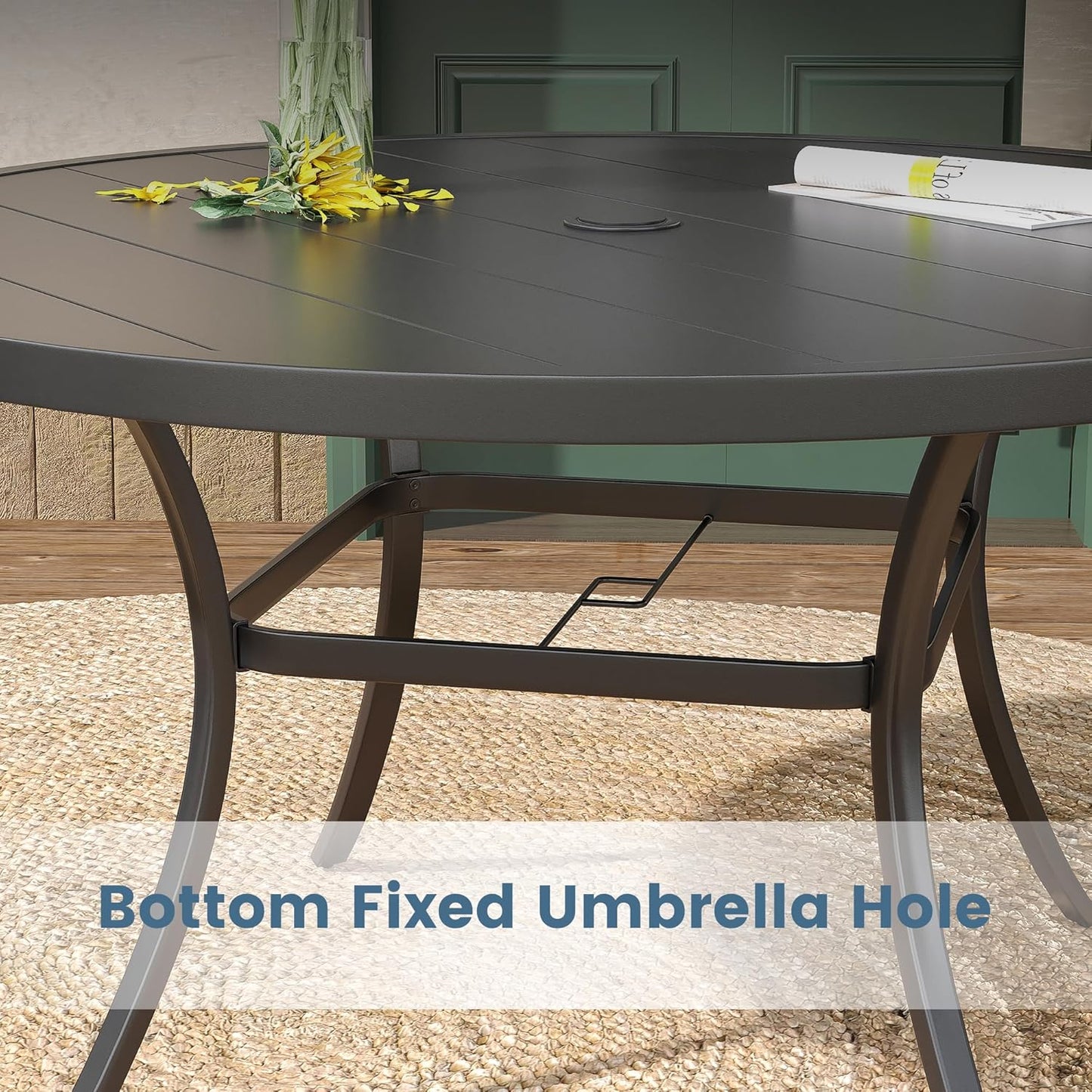 DIFY 50" Round Outdoor Patio Dining Table for 6, Metal Patio Table with 1.57" Adjustable Umbrella Hole, All-Weather Dining Furniture Table for Backyard Lawn Garden, Black