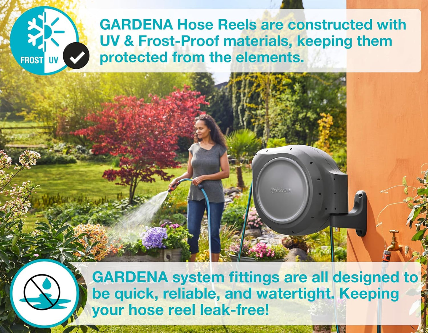GARDENA 20505, 100' Retractable Garden Hose Reel with US Hose Threads - 100' x 1/2" hose, Automatic Retraction & Length Lock for Easy Watering. Heavy Duty Swivel Bracket 180°, Includes Nozzle.