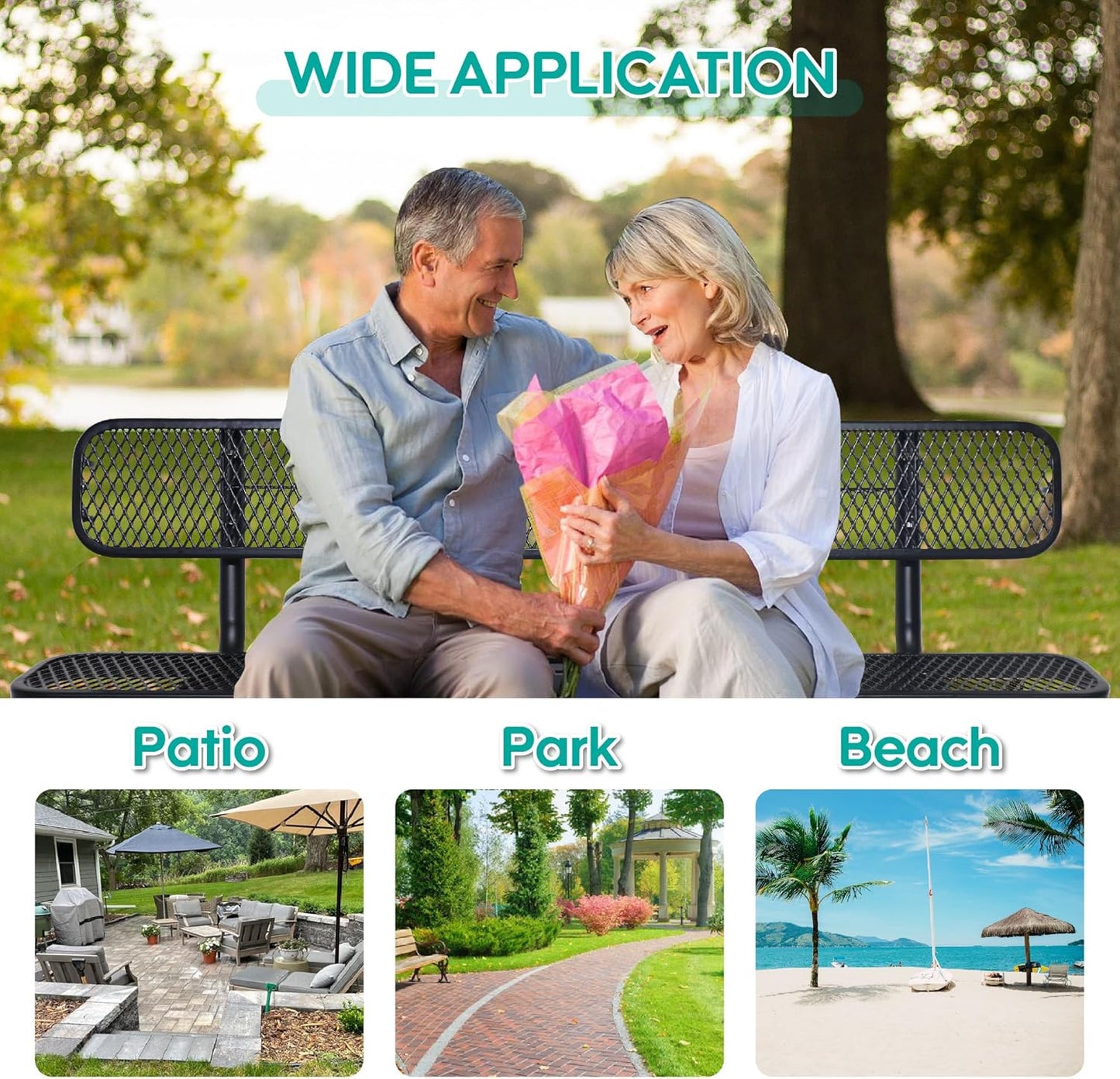 6 Feet Heavy Duty Metal Park Bench for Outside, Outdoor Bench with Backrest & Portable Frame, Commercial Benches for Shopping Malls, Stores, Parks, Patios, Decks, Black