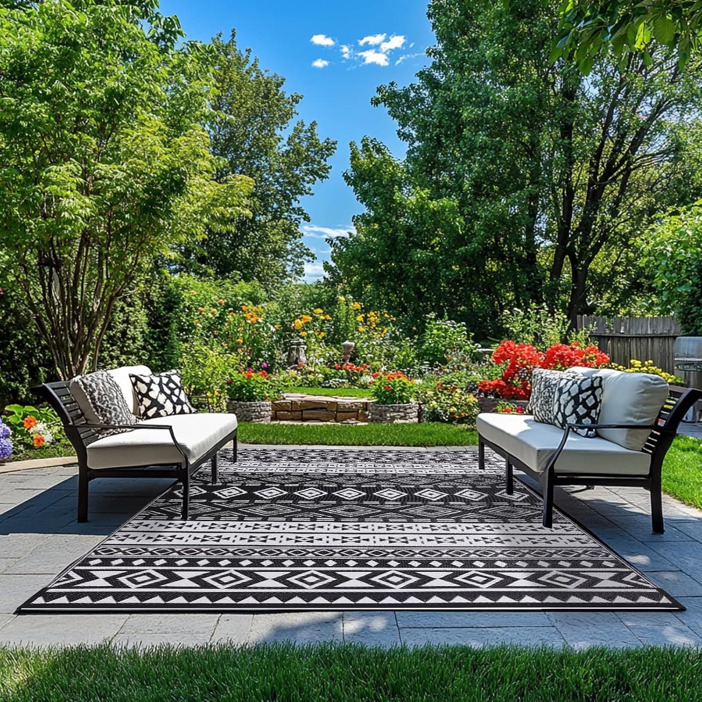 WILDROOTS 9x12 Feet Black and White Plastic Outdoor Rug, Stain Resistant Waterproof Reversible Outdoor Patio Rug, Fade Resistant Camping Rug