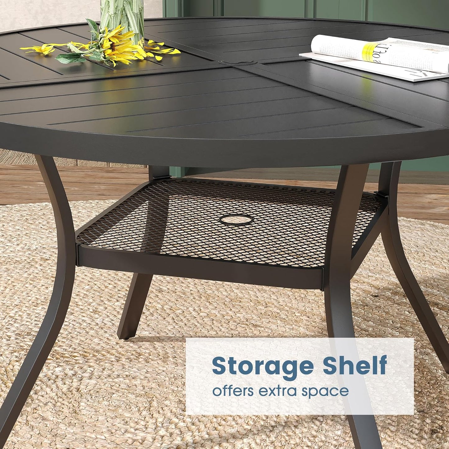 DIFY 47.2" Round Outdoor Patio Dining Table for 6, All-Weather Metal Steel Slatted Patio Table with 1.57" Adjustable Umbrella Hole, for Lawn Garden Porch Backyard, Black