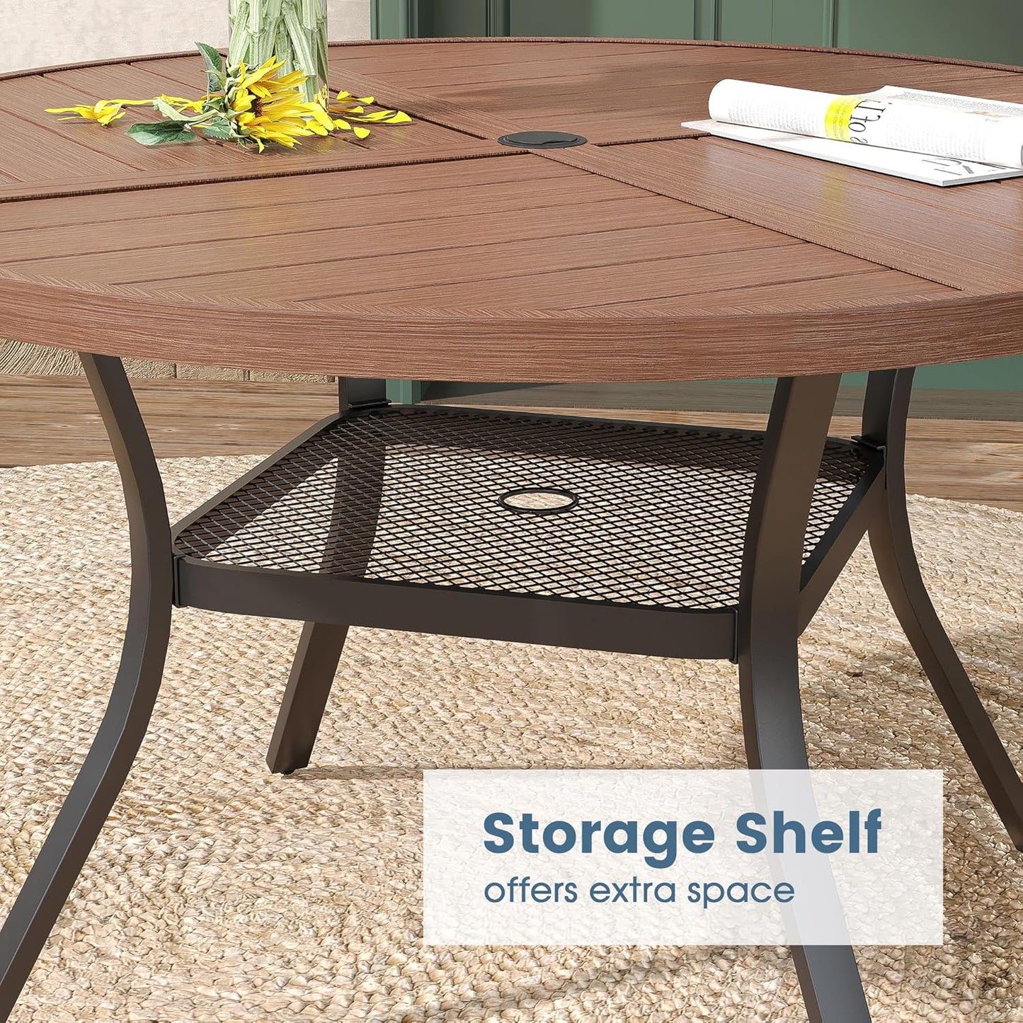 DIFY 47.2" Round Outdoor Patio Dining Table for 6, All-Weather Metal Steel Slatted Patio Table with 1.57" Adjustable Umbrella Hole, for Lawn Garden Porch Backyard, Walnut