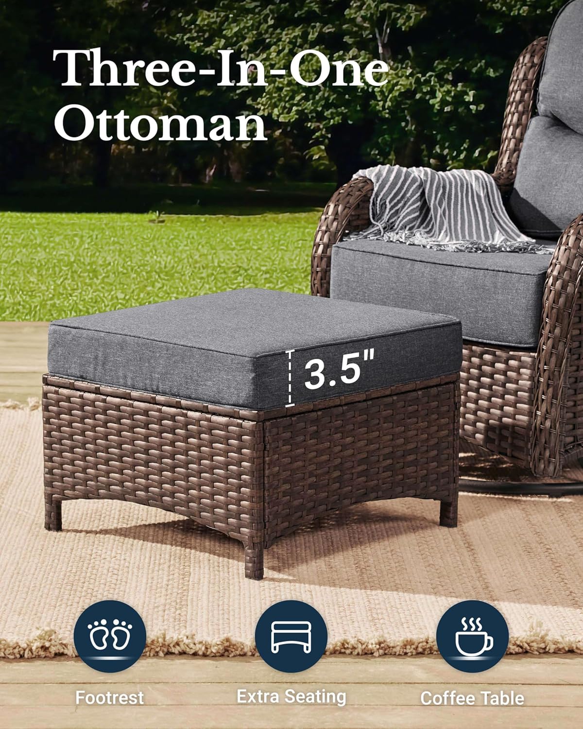 HILLGA Luxury Patio Furniture Set with 6-inch Thick Cushion, Outdoor Couch, Loveseat and High Back Swivel Rocker Patio Chairs, 7PCS Wicker Conversation Set for Deck Yard and Poolside, Dark Grey (V2)