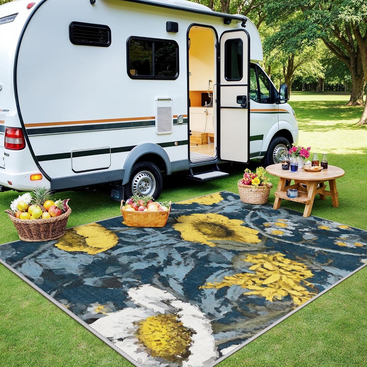 GENIMO Indoor Outdoor Area Rug 6' X 9' Waterproof, Washable Patio Rug Non Shedding, Easy Cleaning Floral Outdoor Carpet for Living Room, Bedroom, Dining Room, Balcony, Backyard, Deck, RV, Blue Yellow
