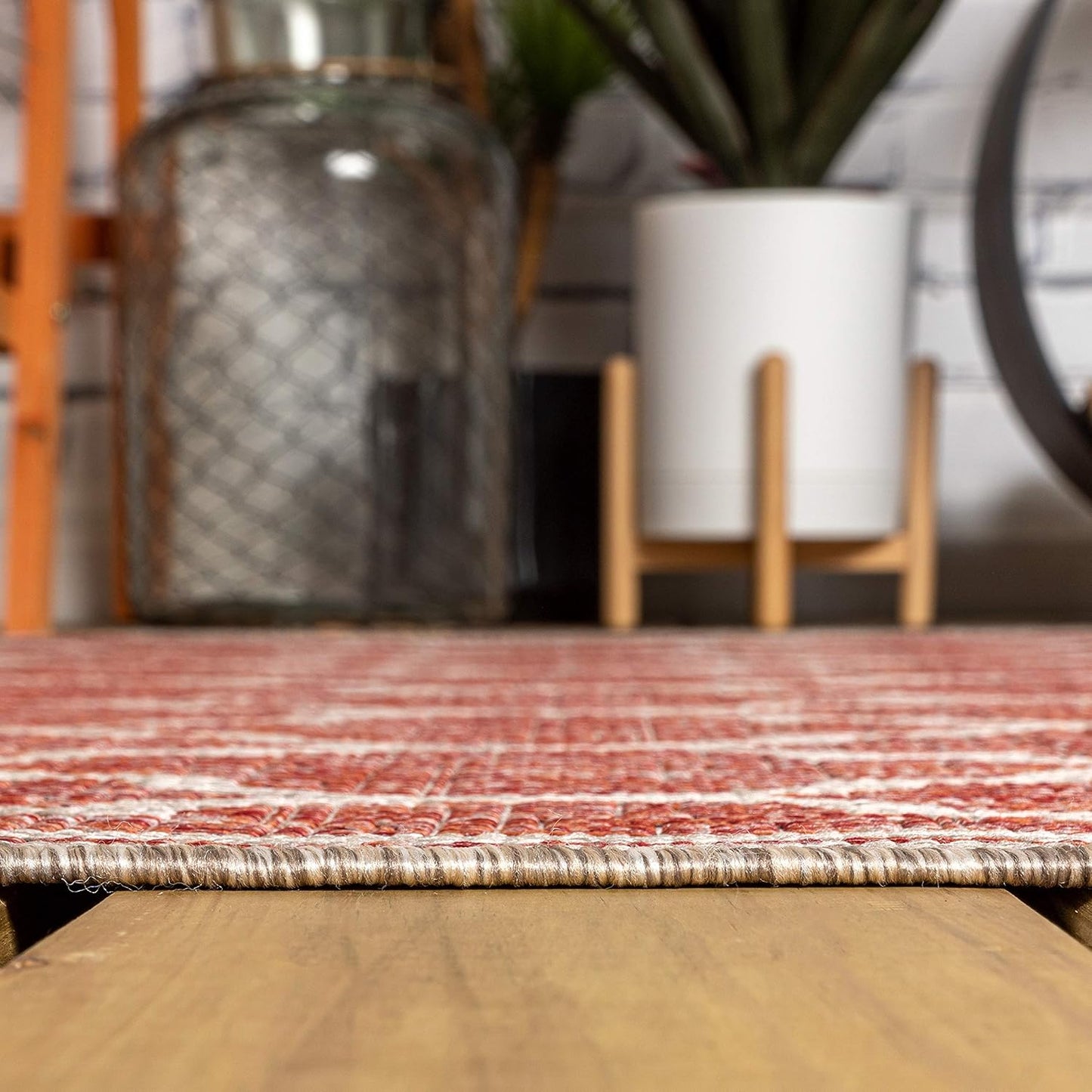 Eyely BMS109C-3SQ Santa Monica Trebol Moroccan Trellis Textured Weave, Pet Friendly, Non-Shedding, Stain Resistant, Easy-Cleaning, Red/Beige, 3' Square, Indoor/Outdoor, Area Rug