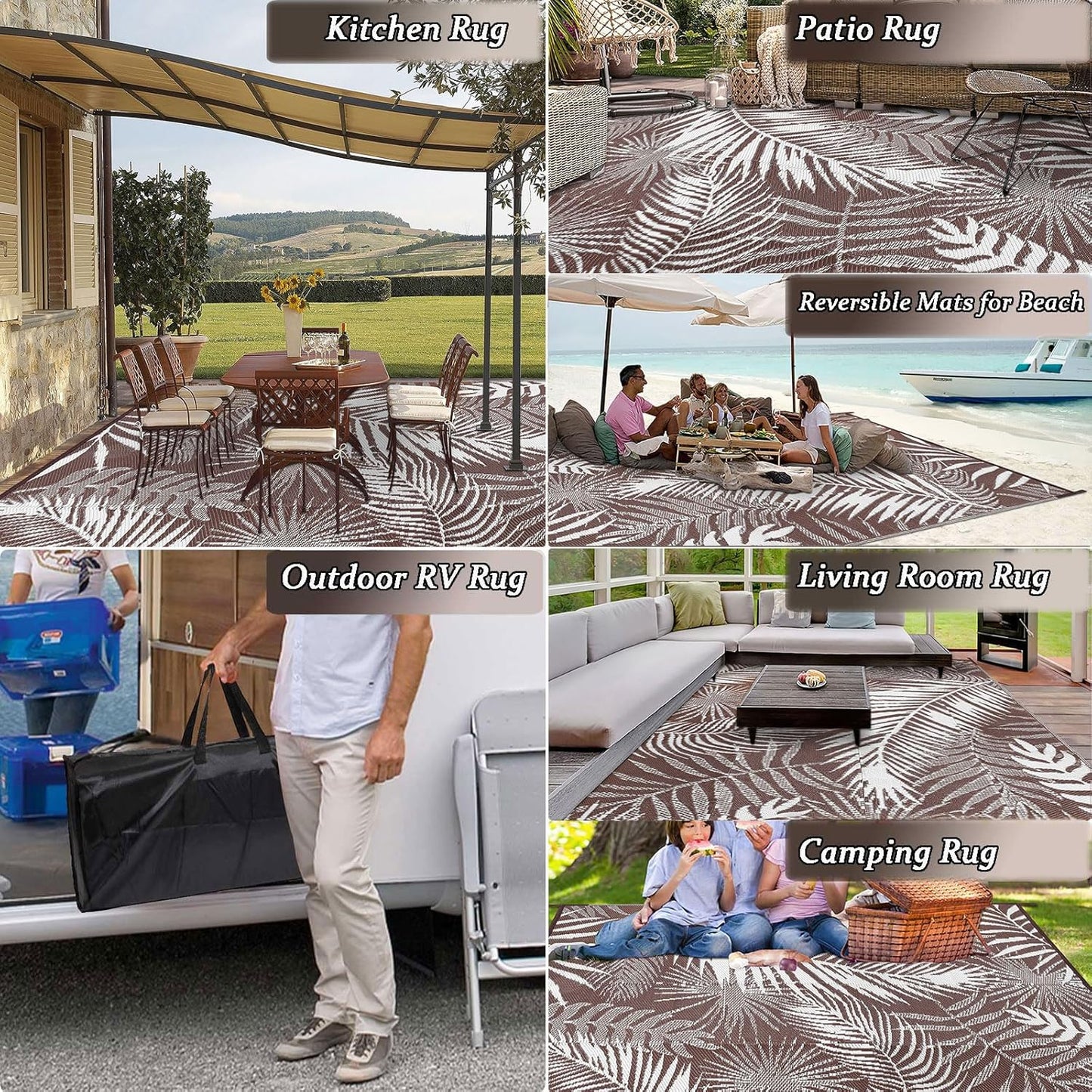 Outdoor Rug Waterproof for Patios Clearance, Reversible Outdoor Plastic Straw Rug Camping Carpet, Outside Floor Mats Large Area Rugs for RV,Patio,Deck,Porch,Beach,Balcony,10'x8',Brown&White