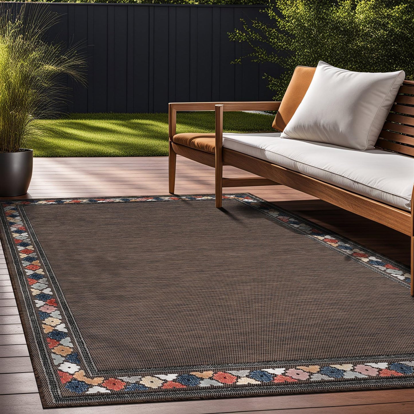 Beverly Rug Outdoor Rug 8x10 Modern Bordered Area Rugs for Indoor and Outdoor Patio Easy to Clean Non Shedding Living Room Porch Garden Washable Outside Carpet (8 x 10 Brown)