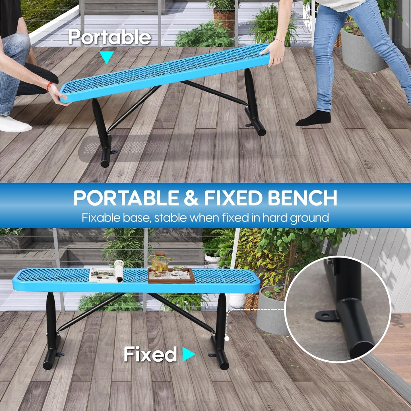 4 Feet Heavy Duty Metal Park Bench for Outside, Outdoor Bench with Portable Frame, Commercial Benches for Shopping Mall, Store, Park, Patio, Deck, Blue