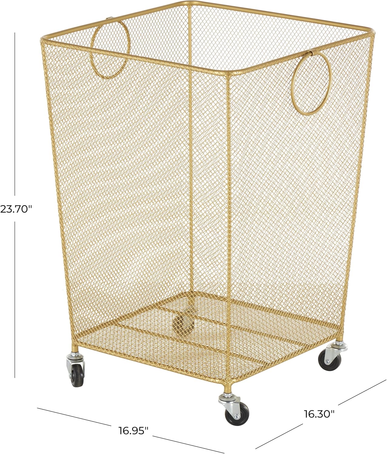 Deco 79 Metal Storage Cart Square Mesh Wire Rolling Laundry with Ring Handles, 17" x 16" x 24", Gold
