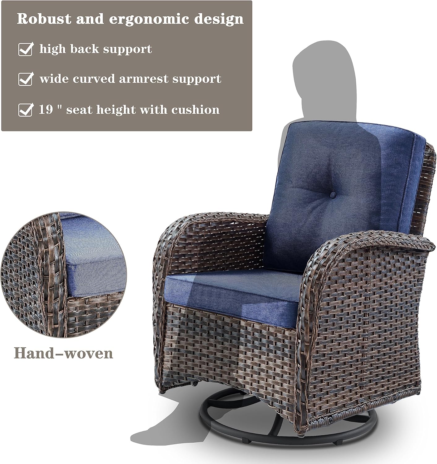 6 Piece Patio Conversation Sets - Wicker Patio Furniture Sets with Outdoor Swivel Rocker Chairs Outdoor Couch Perfect for Patio Deck Backyard, Brown Wicker Blue Cushion