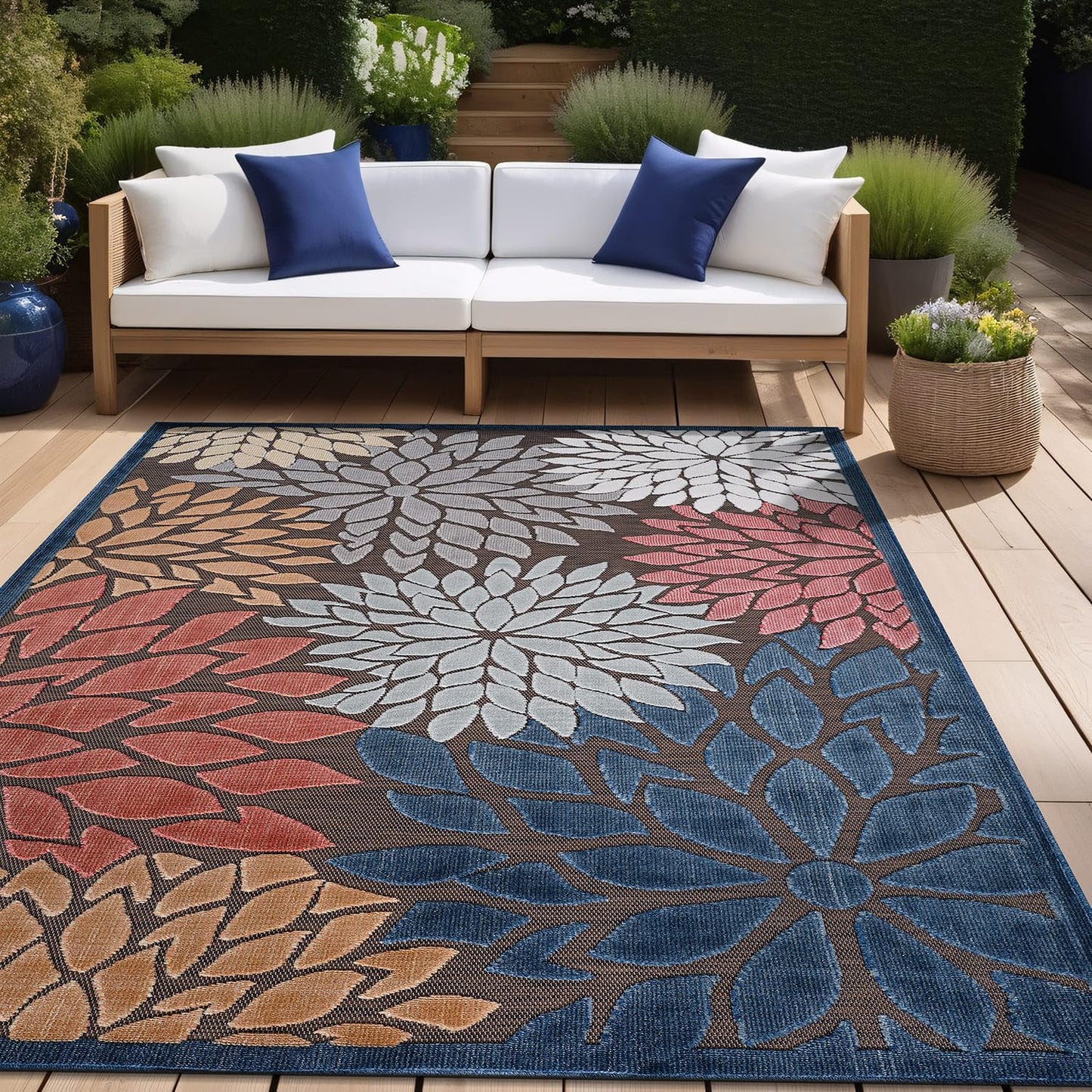 Beverly Rug Outdoor Rug 6x9 Modern Floral Tropical Area Rugs for Indoor and Outdoor Patio Easy to Clean Non Shedding Living Room Porch Garden Washable Outside Carpet (6 x 9 Brown)