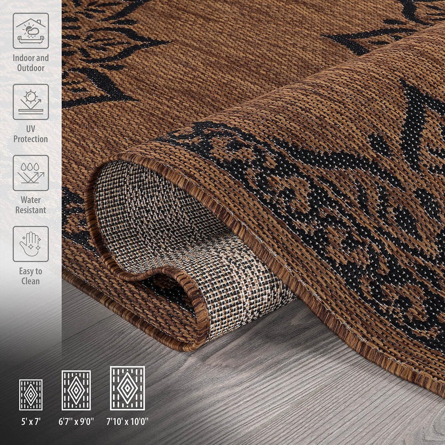 CAMILSON Outdoor Rug, Modern Area Rugs for Indoor and Outdoor Patios, Kitchen and Hallway mats, Washable Porch Deck Outside Carpet (6 x 9, Medallion Nut Brown)