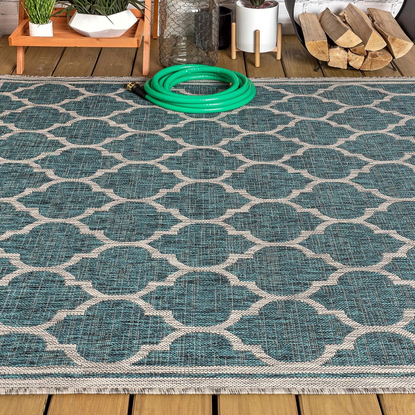 Eyely BMS109E-4 Santa Monica Trebol Moroccan Trellis Textured Weave Indoor/Outdoor Area Rug Coastal;Bohemian, Bedroom, Backyard, Patio, Easy-Cleaning, Non-Shedding, 4 X 6, Teal/Gray