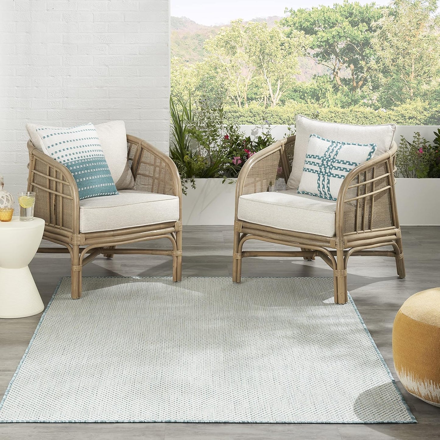 Nourison Home Courtyard 60" x 84" Fabric Indoor/Outdoor Rug in Ivory Aqua