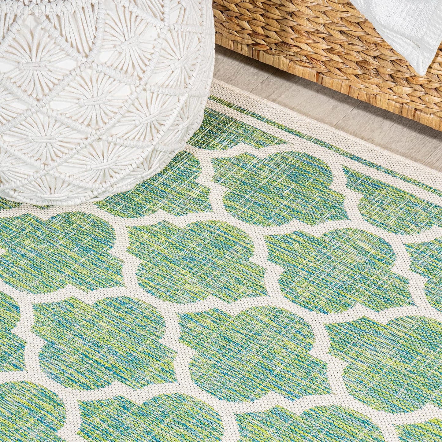 Eyely BMS109I-5SQ Santa Monica Trebol Moroccan Trellis Textured Weave Indoor/Outdoor Area Rug Coastal;Bohemian, Bedroom, Backyard, Patio, Easy-Cleaning, Non-Shedding, 5' Square, Cream/Green