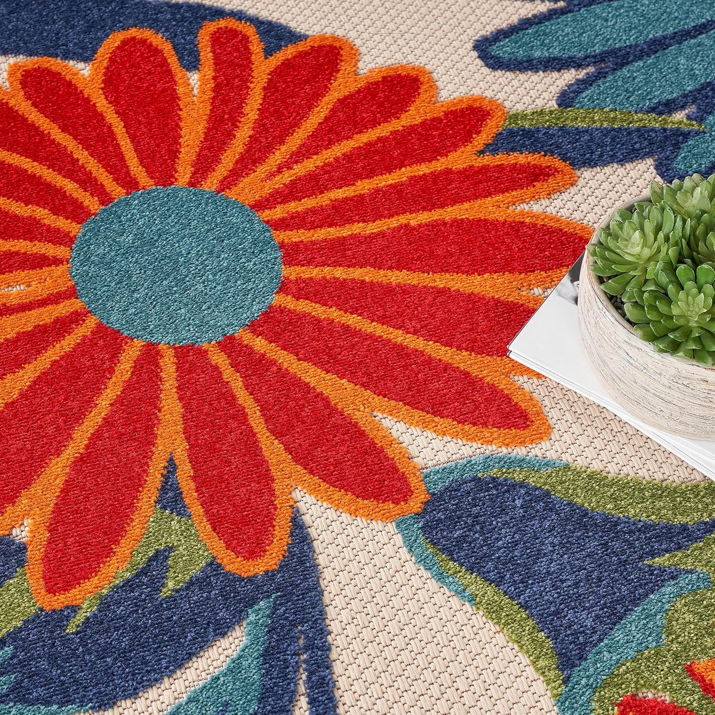 Nourison Home Aloha Outdoor Multicolor 5'3" x Round Area Rug, Easy Cleaning, Non Shedding, Bed Room, Living Room, Dining Room, Deck, Backyard, Patio (5 Round)