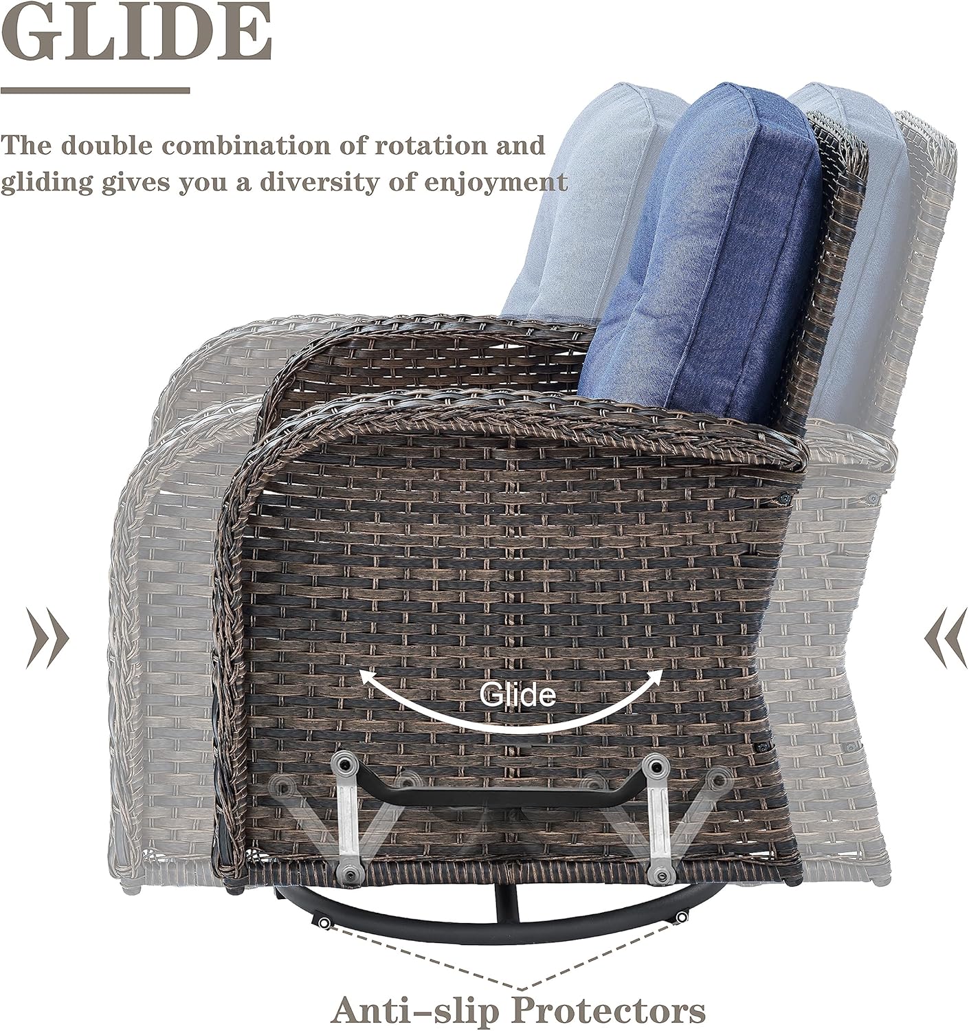 7 Piece Outdoor Patio Wicker Furniture Sets with Swivel Rocker Chairs, Rattan Loveseat Conversation Sets for Patio Deck Backyard Poolside, Blue Cushion