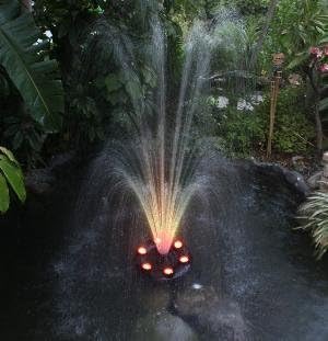 OCEAN MIST MAGIC POND FLOATING FOUNTAIN PJ2000-6C Includes 1580 GPH Pump, 360 RBG LEDs in Light Ring, Auto Color Change, Nozzles, 33 Foot Power Cords