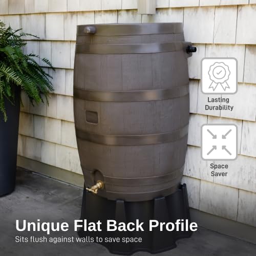 50-Gallon Rain Barrel, Flat Back Rain Water Collection Barrel, Stand and Link Kit Included, Walnut Color (2 Pack)