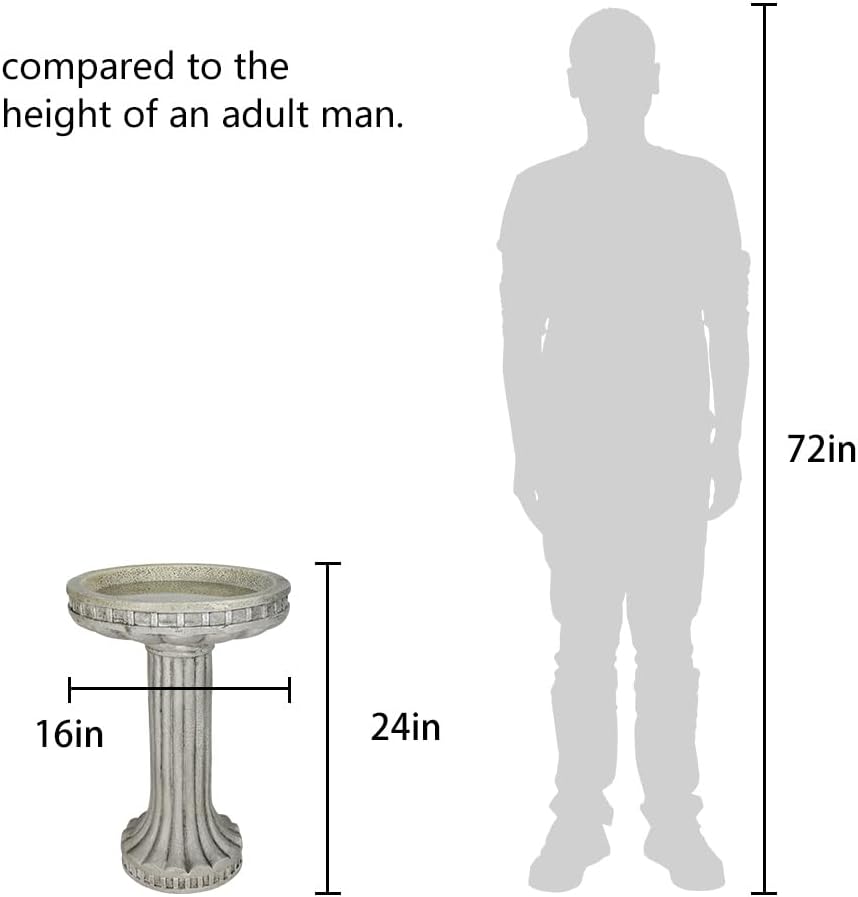 24 Inch Height Outdoor Bird Bath - Fibre Reinforced Concrete Large Bird Bath Stylish with Modern Pedestal for Garden, Patio, Backyard, Lawn - 16”W X 24”H Contemporary Birdbaths & Supports