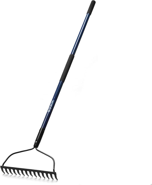57 Inch Heavy Duty Garden Rake with Blue Fiberglass Handle - 14-Tooth Metal Yard Rake for Gardening, Farming, and Yard Work - Durable Hard Rakes for Heavy Duty Use