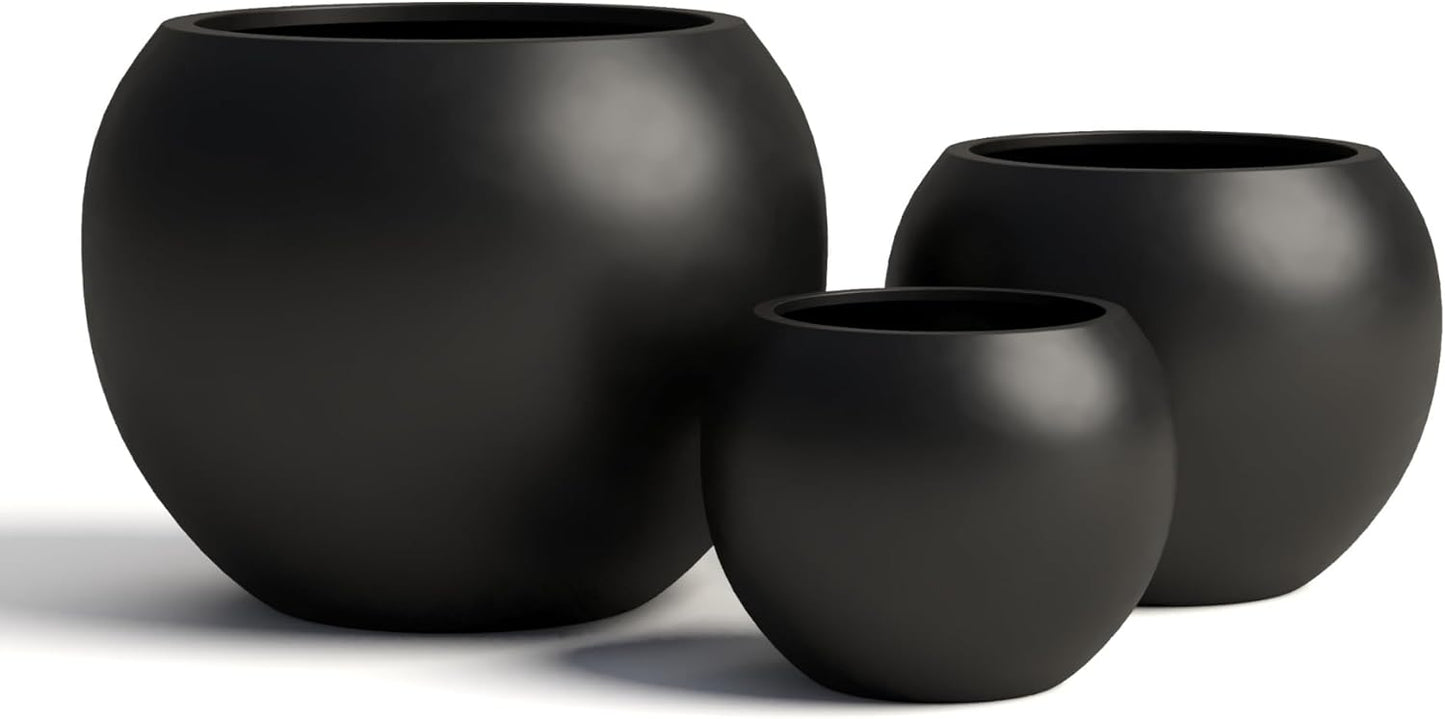 DTY Signature Mount Sherman Lightweight Durable Modern Fiberstone Sphere Planter for Indoor & Outdoor Drainage Hole & Rubber Plug Weather Resistant, 13.5" H x 17" Dia, 12" Opening- Medium, Black