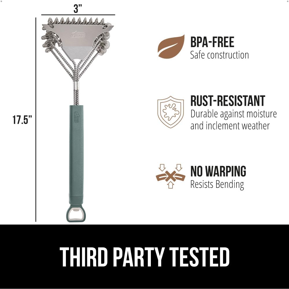 GORILLA GRIP Heavy Duty No Bristle Triple Helix Grill Brush with Scraper for Outdoor Grills, Safe Steam Cleaning, Oversized Comfortable Handle Grip with Bottle Opener, BBQ Tools, 17.5 Inch, Green